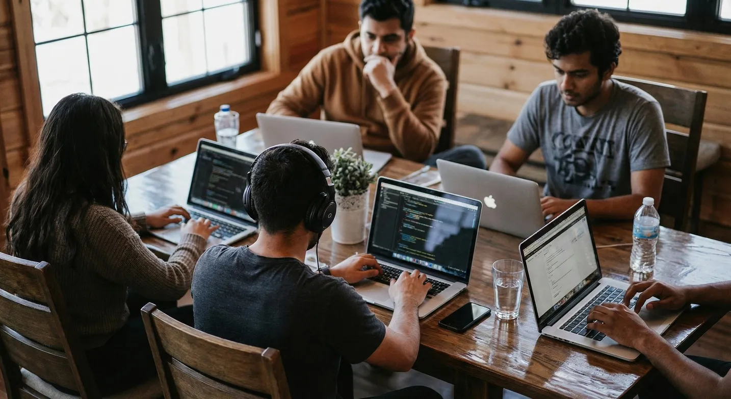 Developers working together at laptops around a wooden table