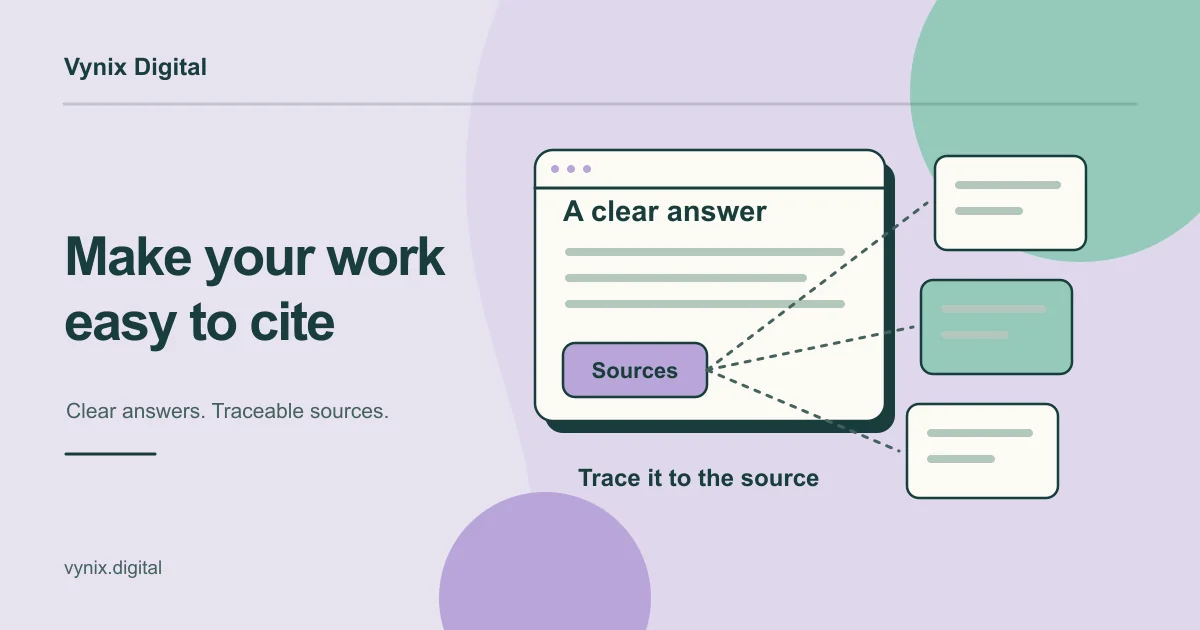 An illustrated answer panel links to source pages, showing how a clear answer can be traced back to the website that published it.